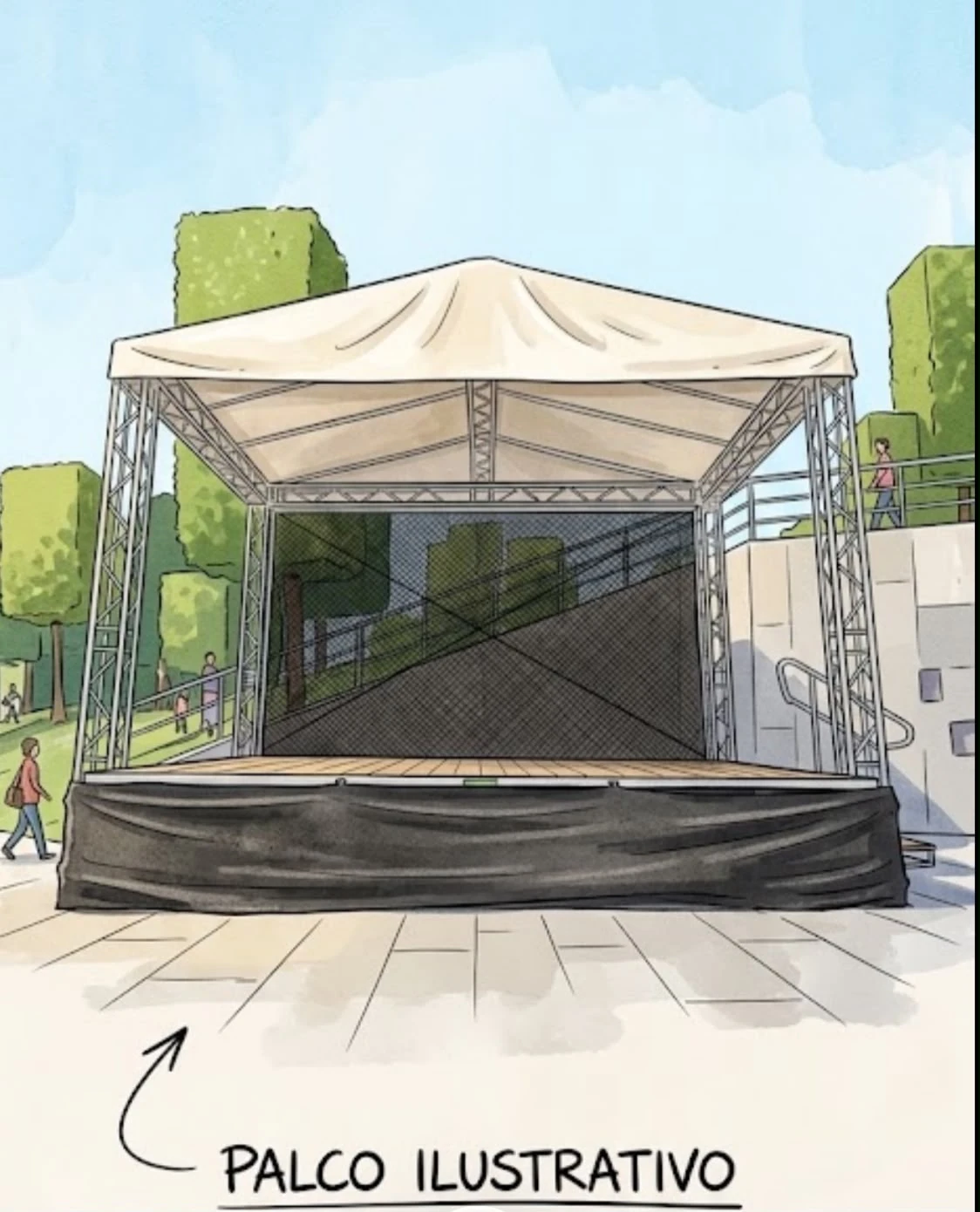 Ilustração do palco coberto com estrutura metálica e acesso lateral.